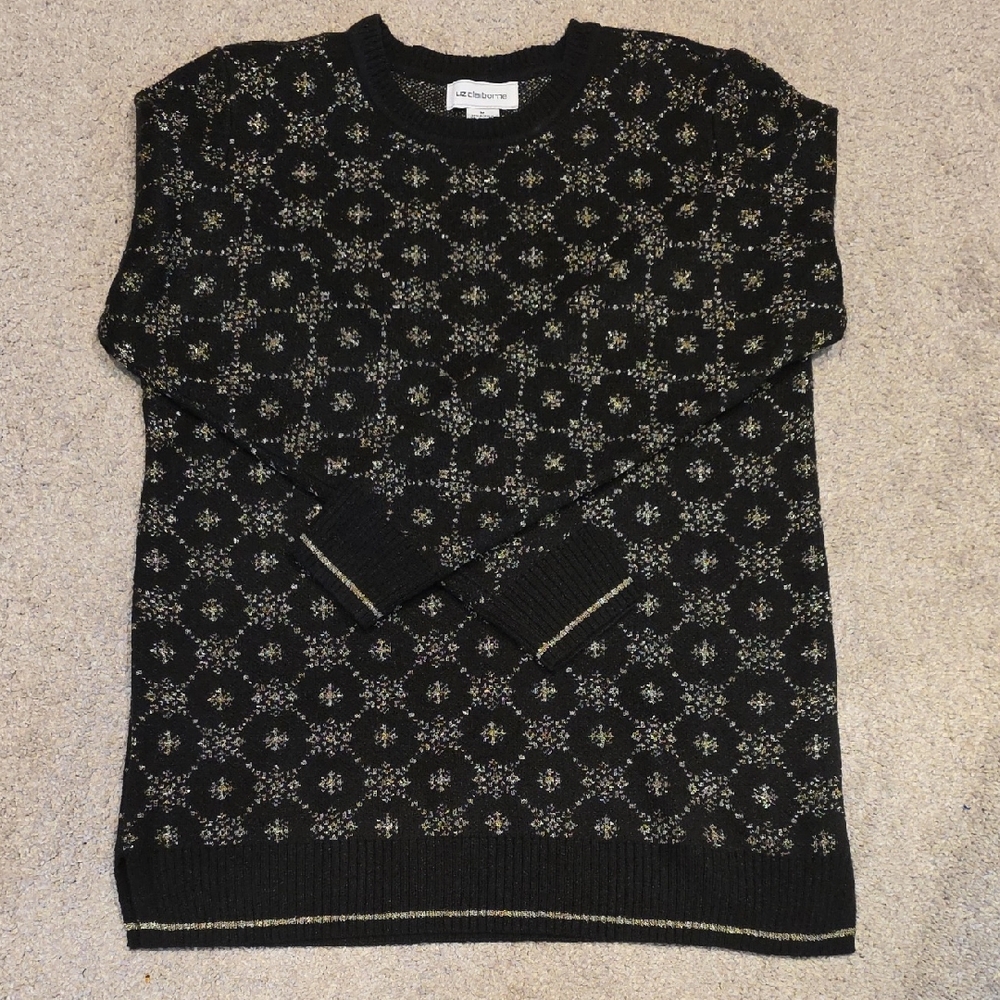 Liz Claiborne Black and Gold Stiched Crewneck Sweater